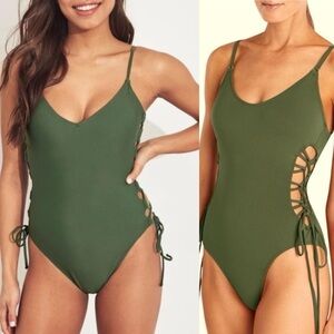 HOLLISTER One Piece Bathing Suit XL Olive Green Sage Lace Up Side Sexy Beach
